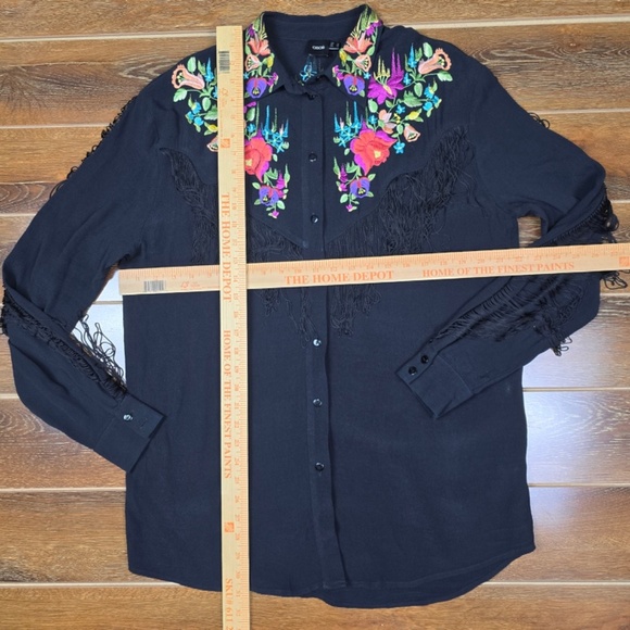 ASOS Women's Size 6 Black Western Floral Embroidered & Fringe Button Shirt - Picture 13 of 13